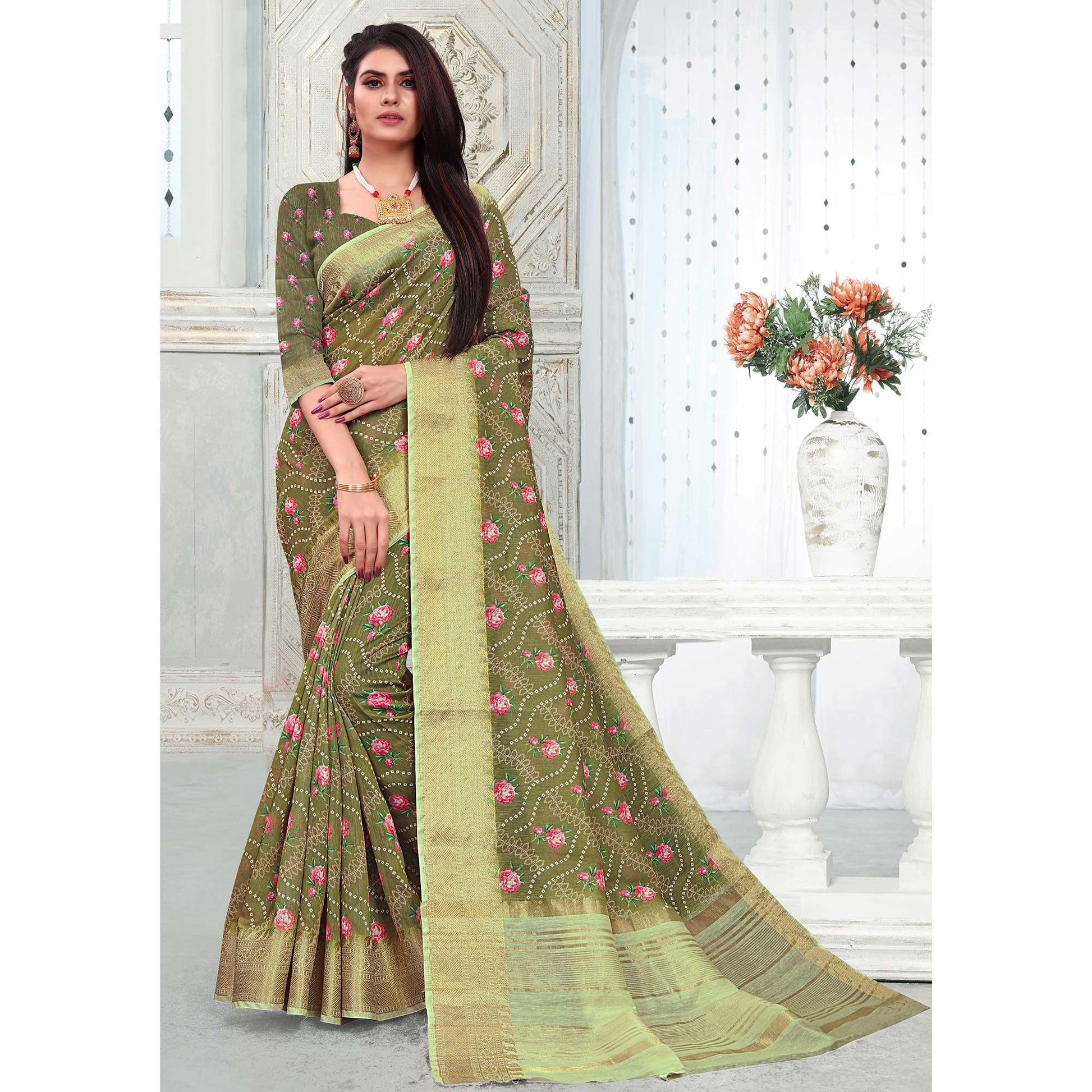 Entrancing Olive Green Colored Festive Wear Woven Banarasi Silk Saree