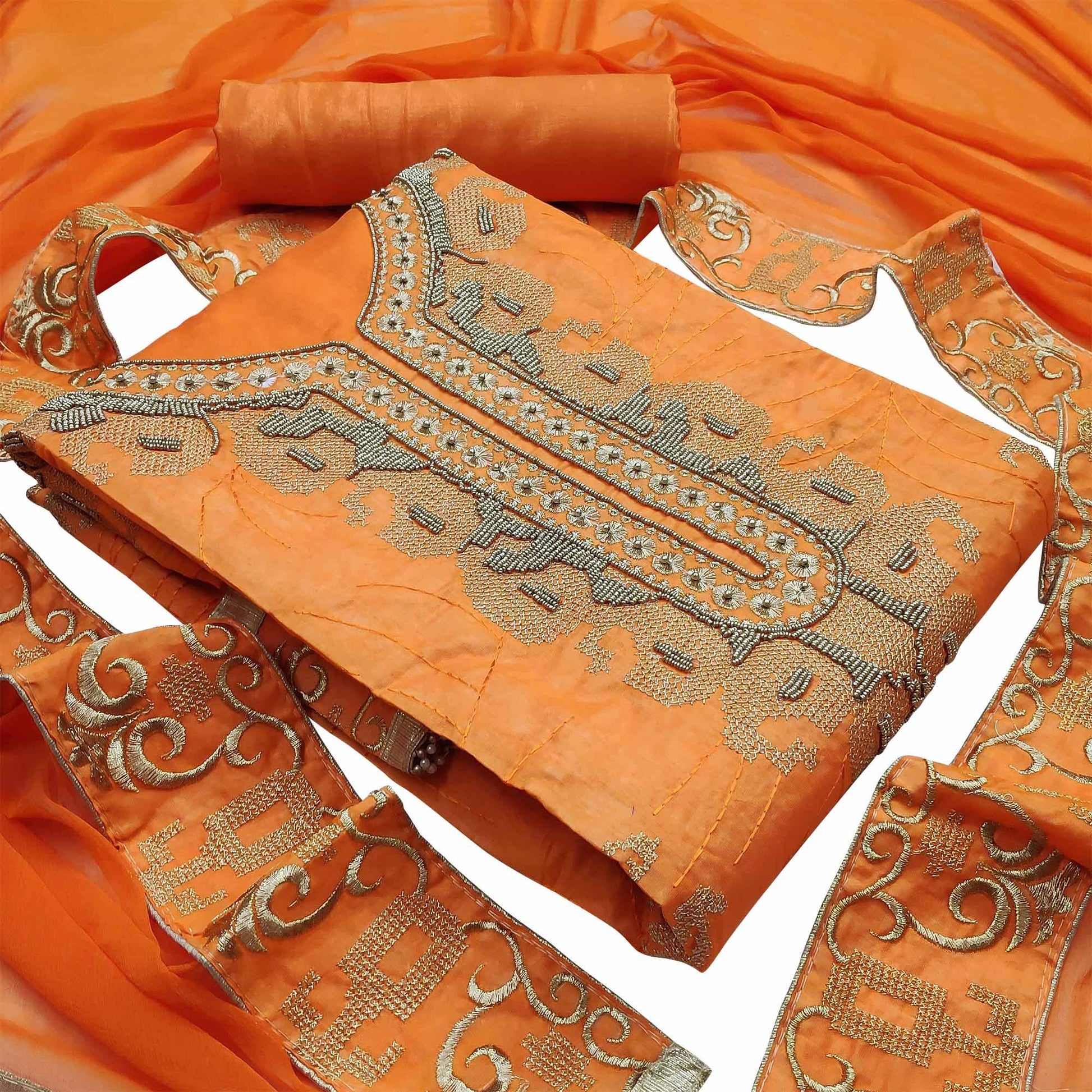 Entrancing Orange Colored Casual Wear Embroidered Heavy Modal Silk Dress Material