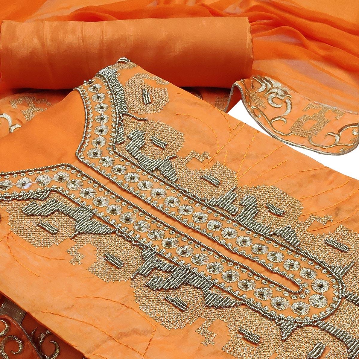 Entrancing Orange Colored Casual Wear Embroidered Heavy Modal Silk Dress Material