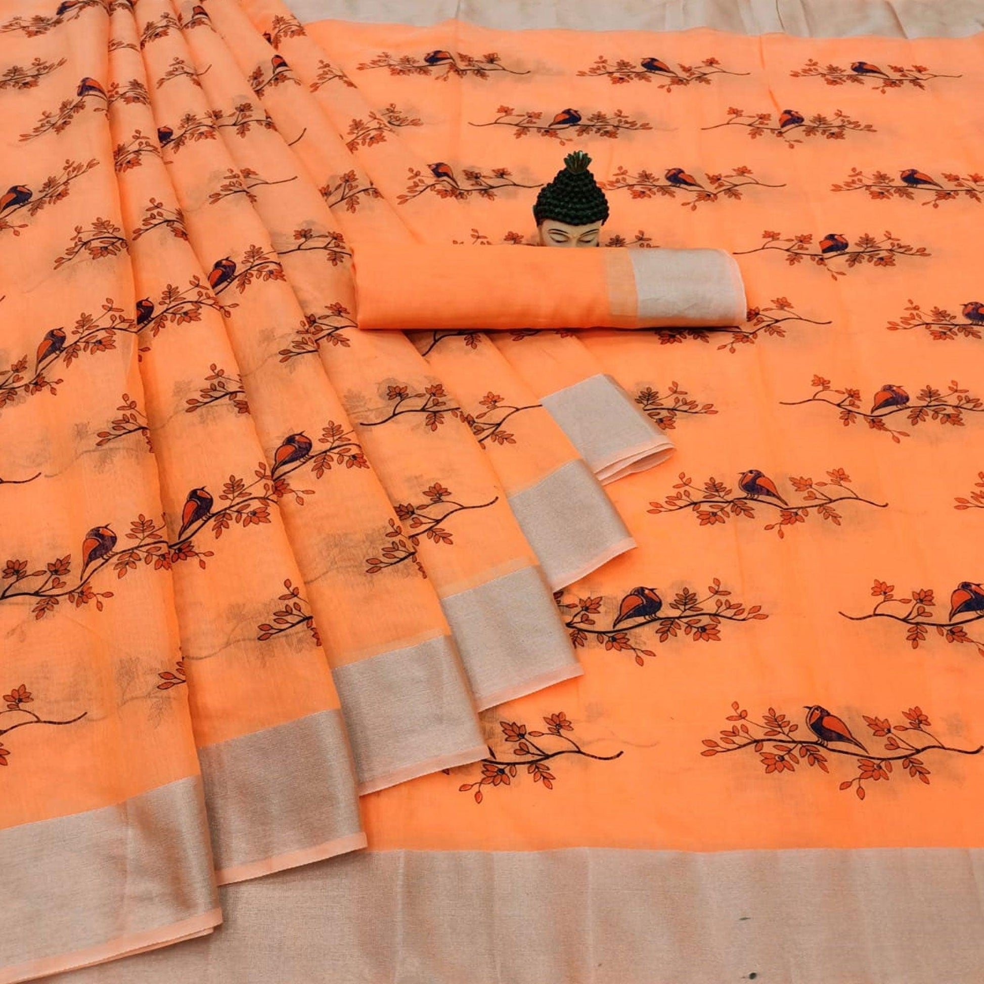 Entrancing Orange Colored Casual Wear Printed Cotton Linen Saree