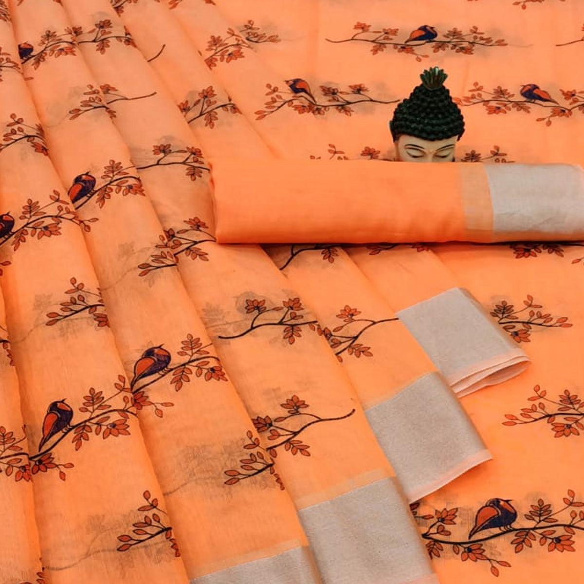 Entrancing Orange Colored Casual Wear Printed Cotton Linen Saree
