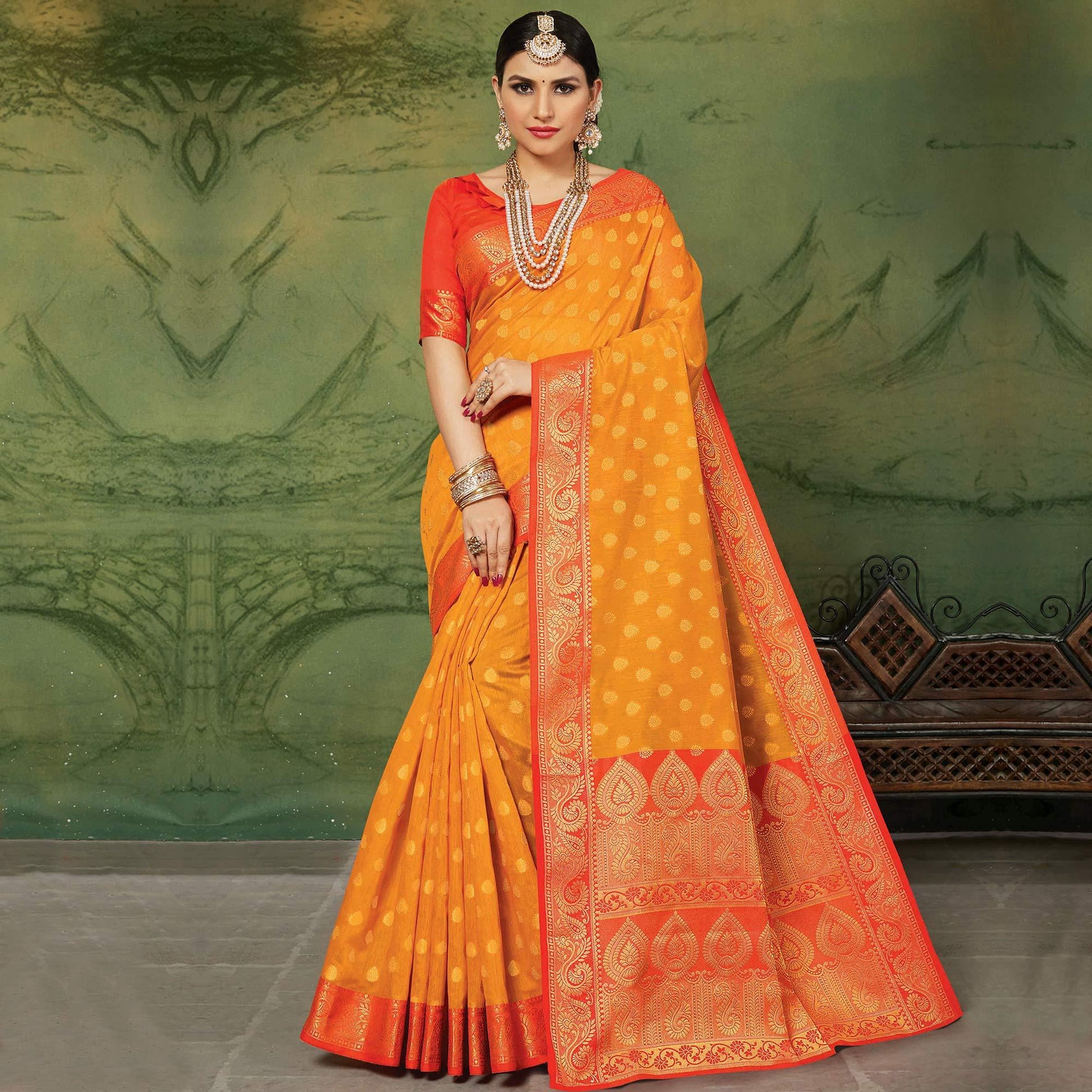 Entrancing Orange Colored Festive Wear Woven Handloom Silk Saree