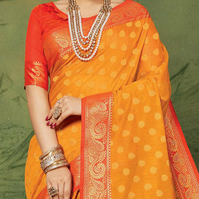 Entrancing Orange Colored Festive Wear Woven Handloom Silk Saree