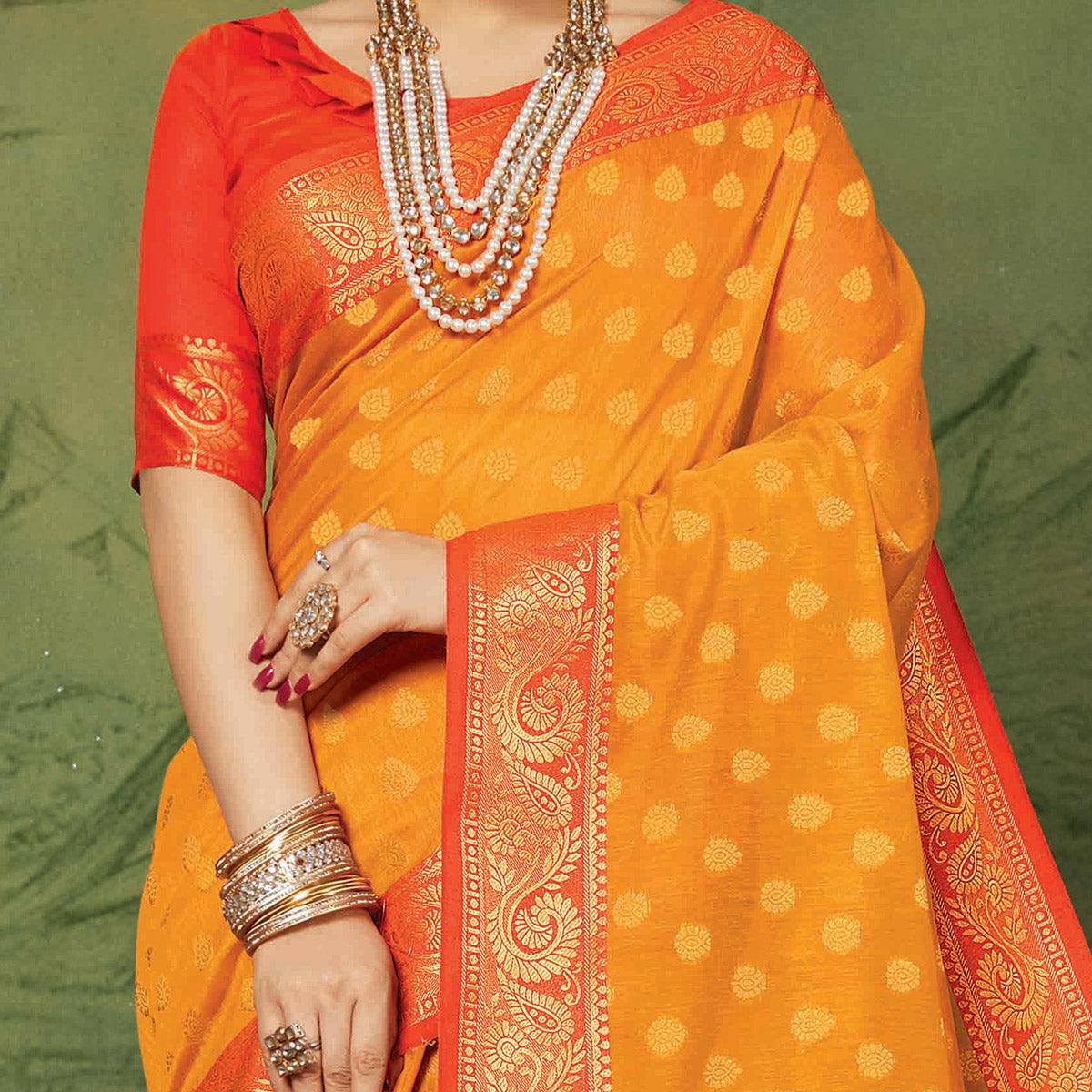 Entrancing Orange Colored Festive Wear Woven Handloom Silk Saree