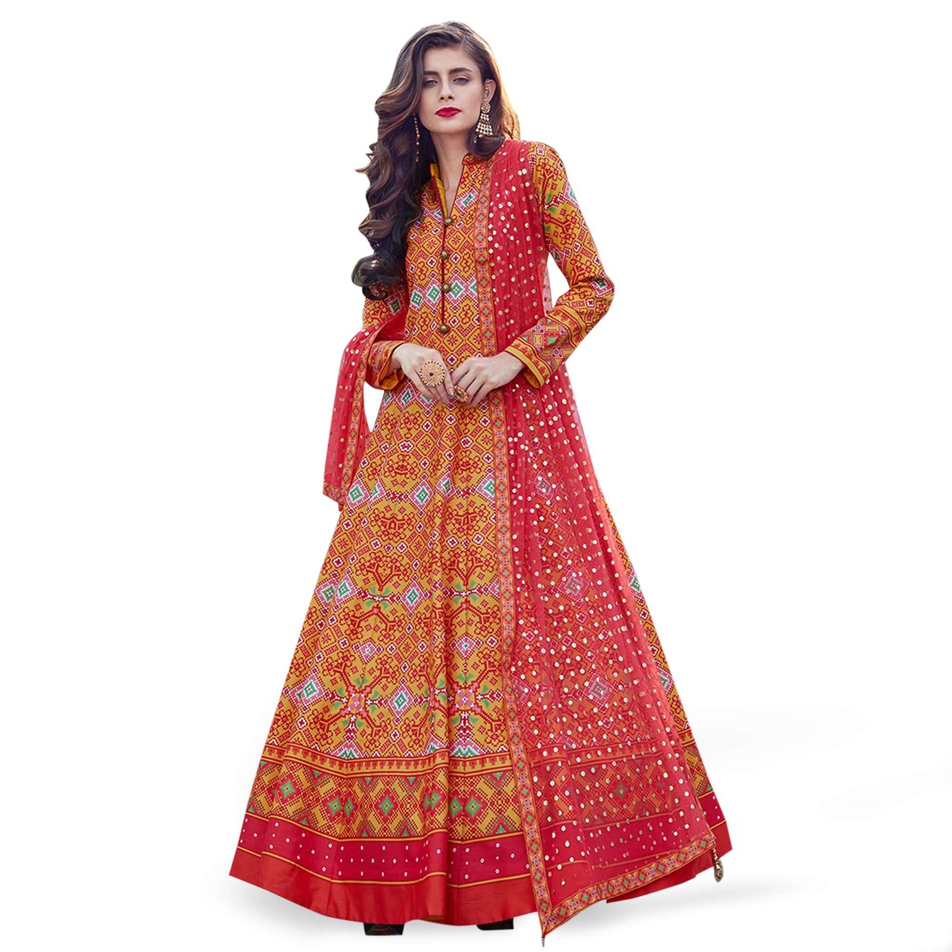 Entrancing Orange Colored Partywear Digital Printed Silk Gown