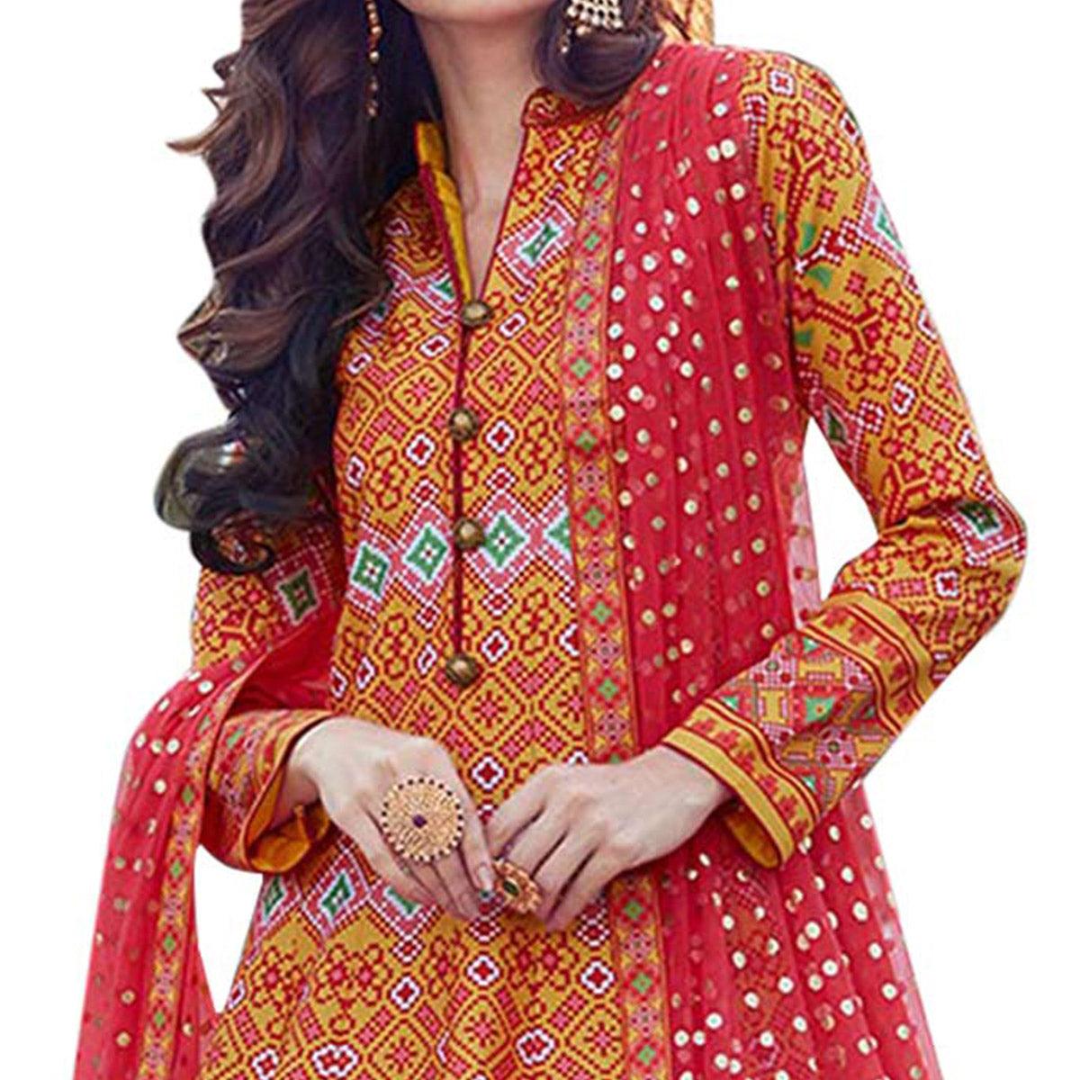 Entrancing Orange Colored Partywear Digital Printed Silk Gown