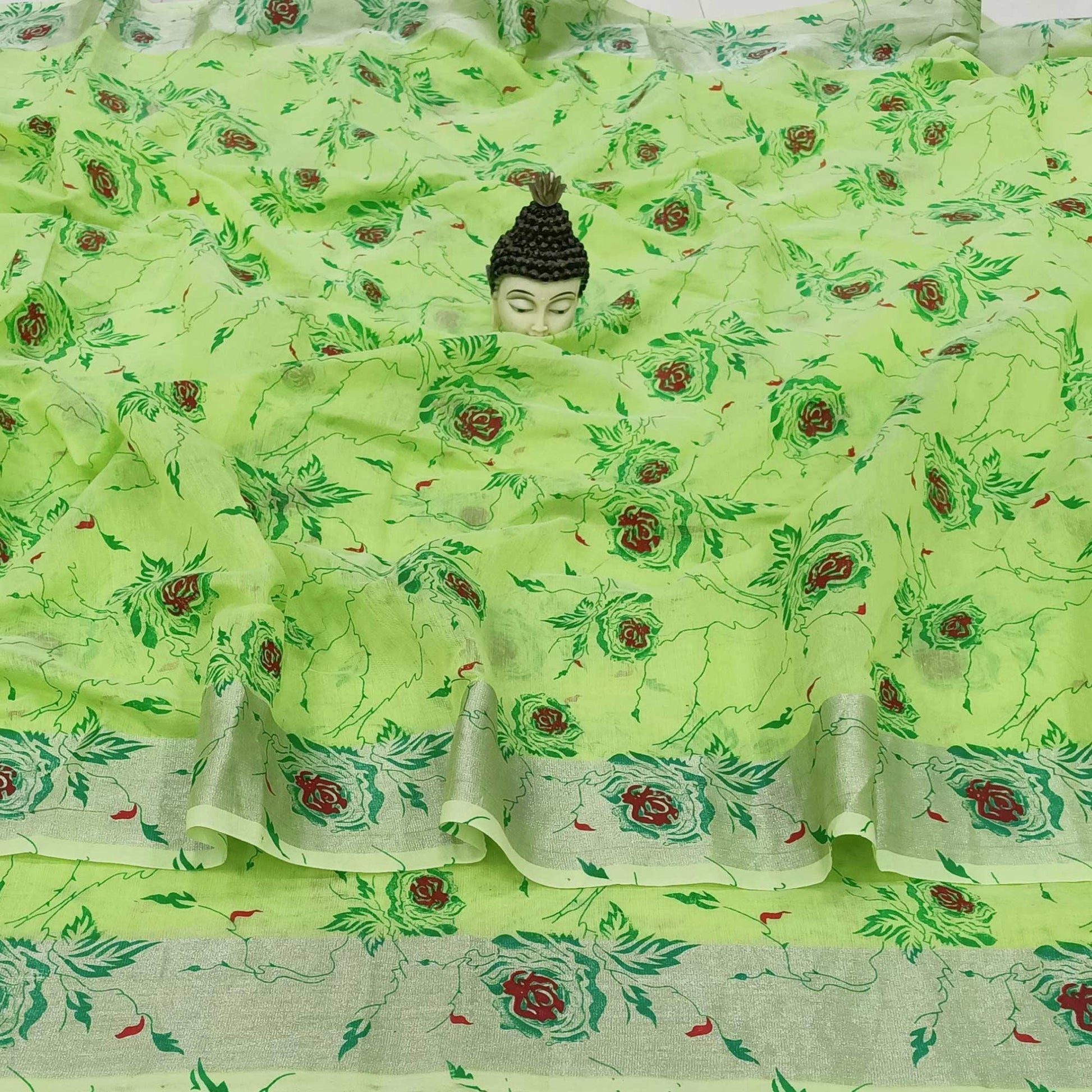 Entrancing Parrot Green Colored Casual Wear Floral Block Printed Cotton Linen Saree