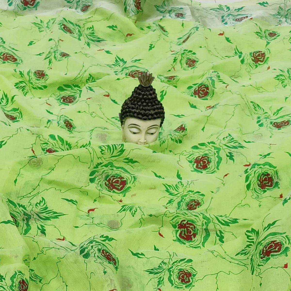 Entrancing Parrot Green Colored Casual Wear Floral Block Printed Cotton Linen Saree