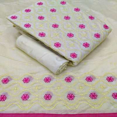 Entrancing Pastel Yellow Colored Casual Wear Embroidered Modal Cotton Dress Material