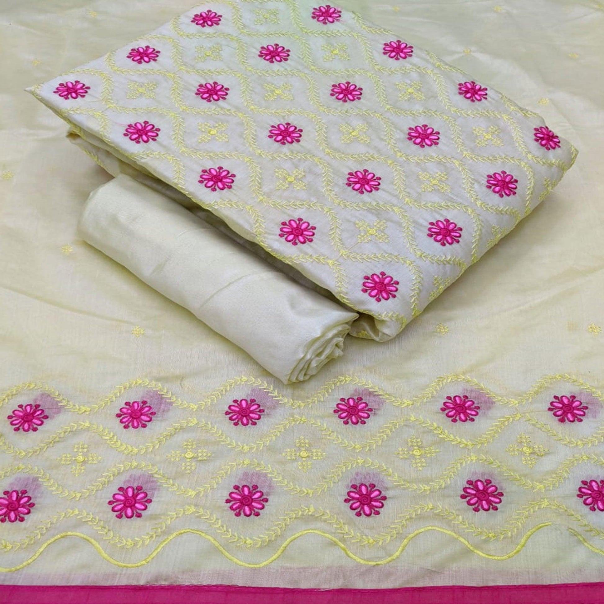 Entrancing Pastel Yellow Colored Casual Wear Embroidered Modal Cotton Dress Material