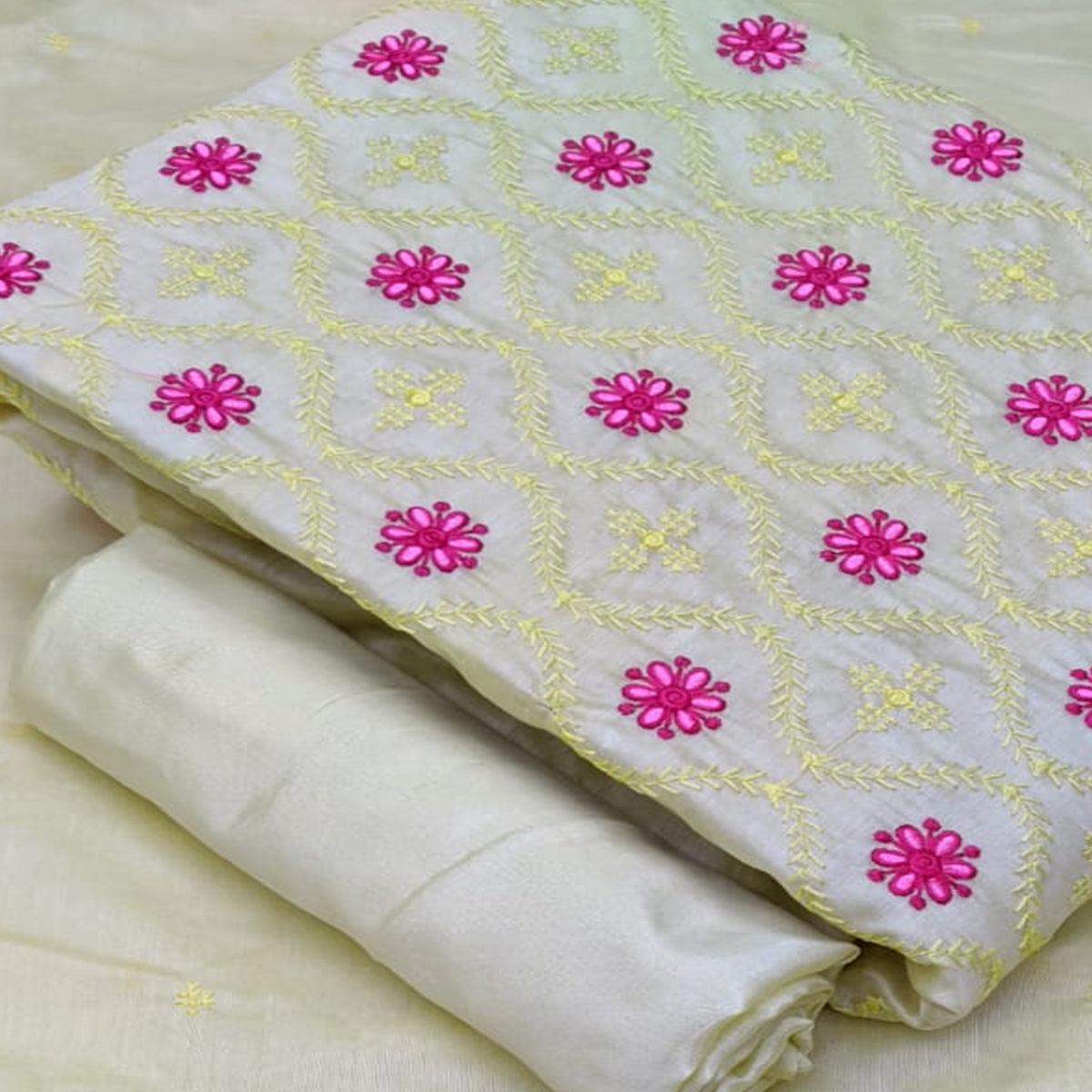 Entrancing Pastel Yellow Colored Casual Wear Embroidered Modal Cotton Dress Material