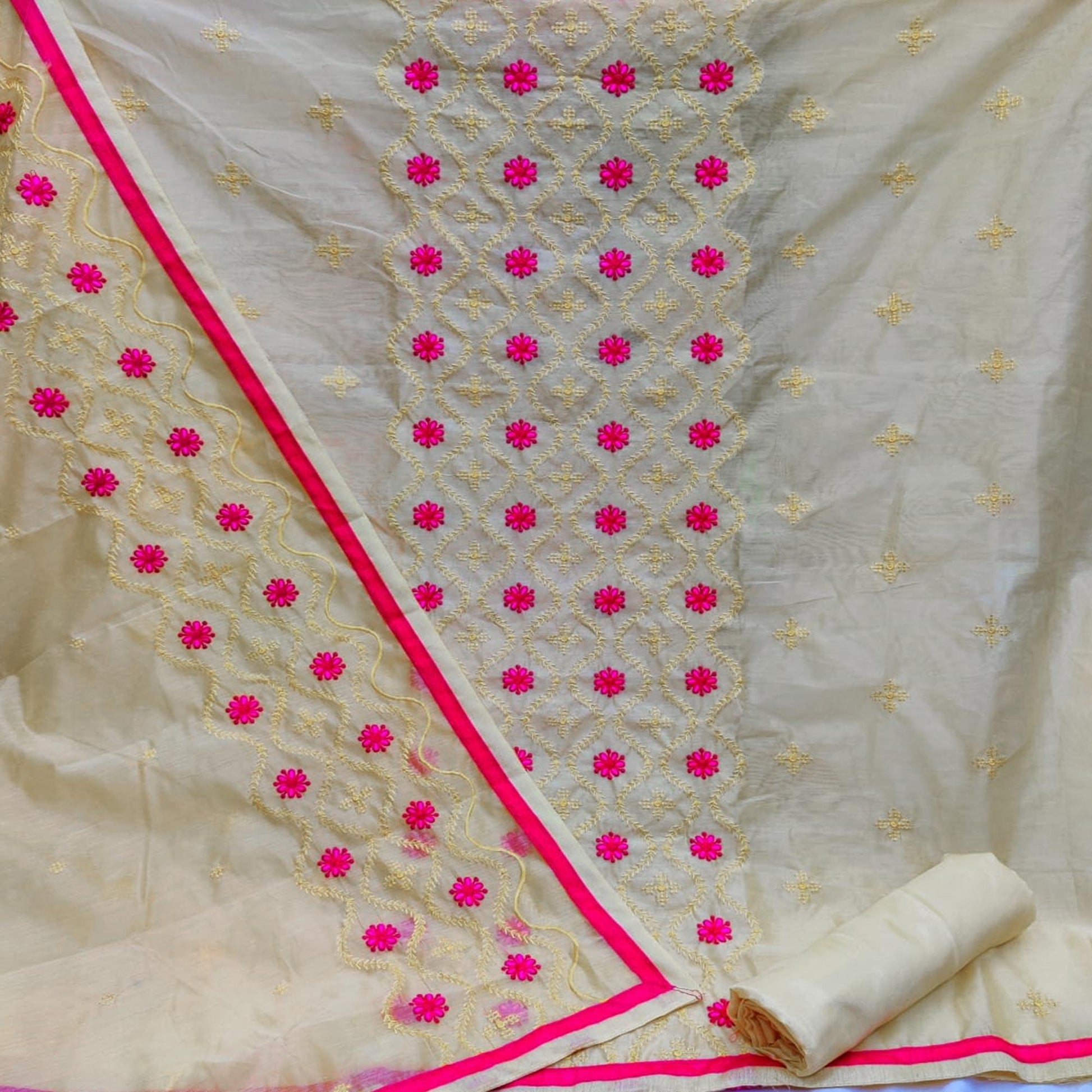 Entrancing Pastel Yellow Colored Casual Wear Embroidered Modal Cotton Dress Material