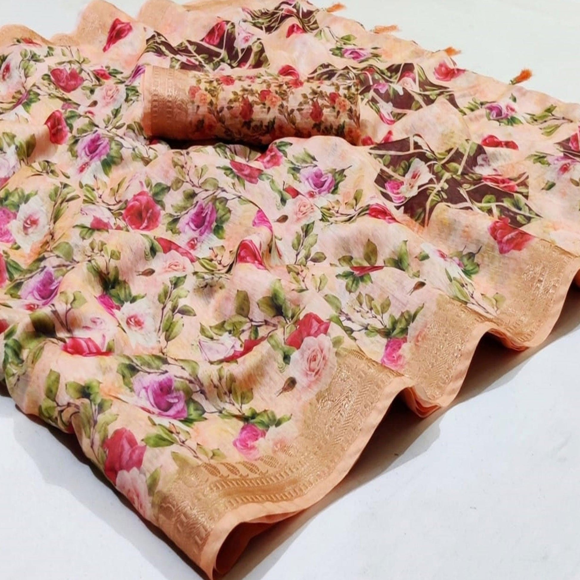 Entrancing Peach Colored Casual Wear Floral Printed Silk Saree