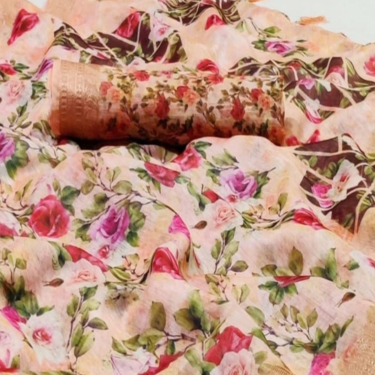 Entrancing Peach Colored Casual Wear Floral Printed Silk Saree