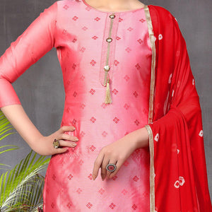 Entrancing Pink Colored Festive Wear Woven Heavy Banarasi Silk Dress Material