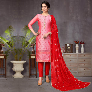 Entrancing Pink Colored Festive Wear Woven Heavy Banarasi Silk Dress Material