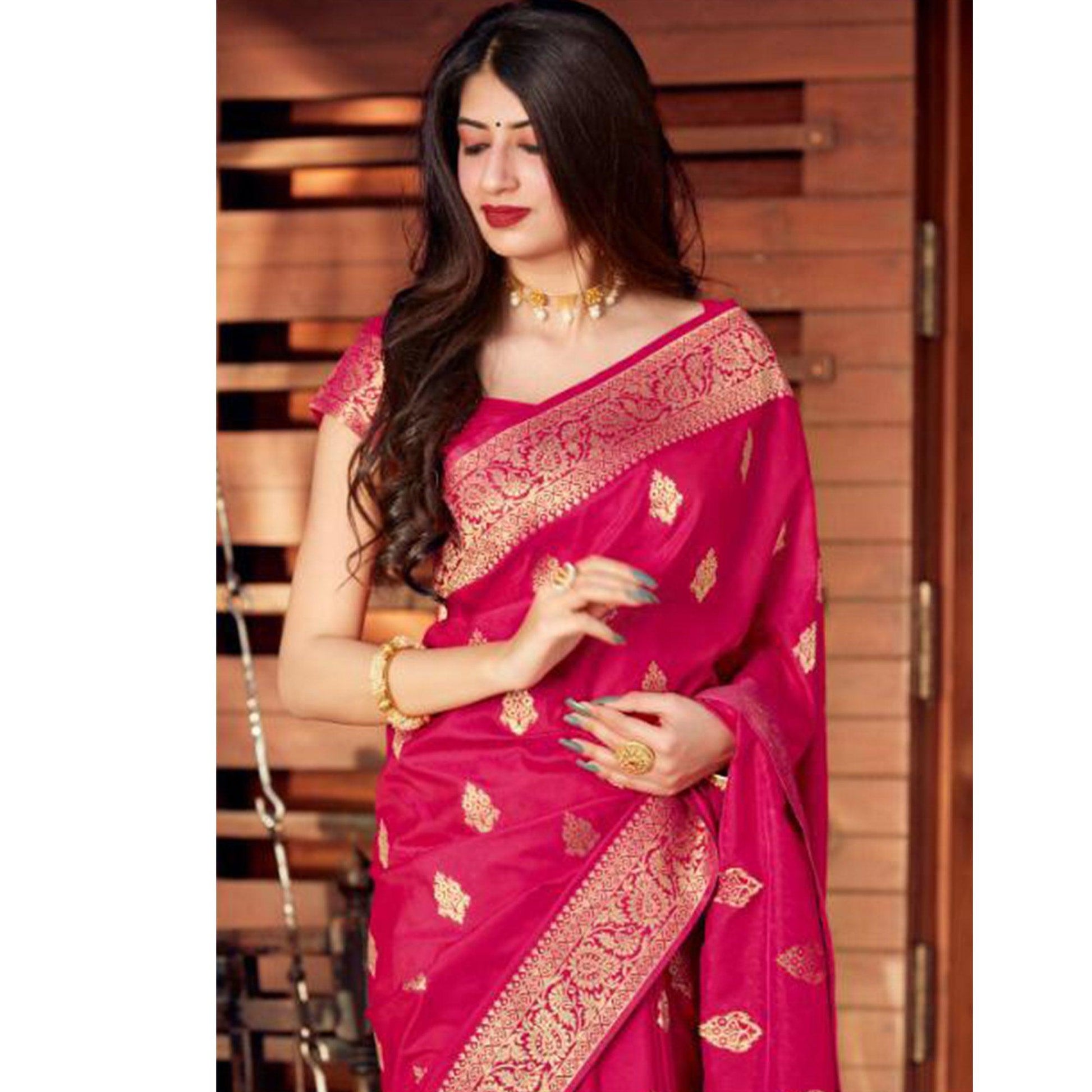 Entrancing Pink Coloured Partywear Woven Silk Saree