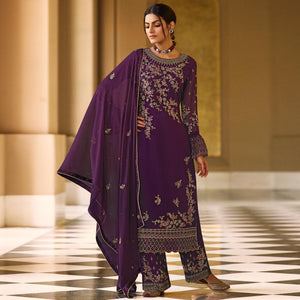 Entrancing Purple Coloured Partywear Embroidered Pure Georgette Palazzo Suit