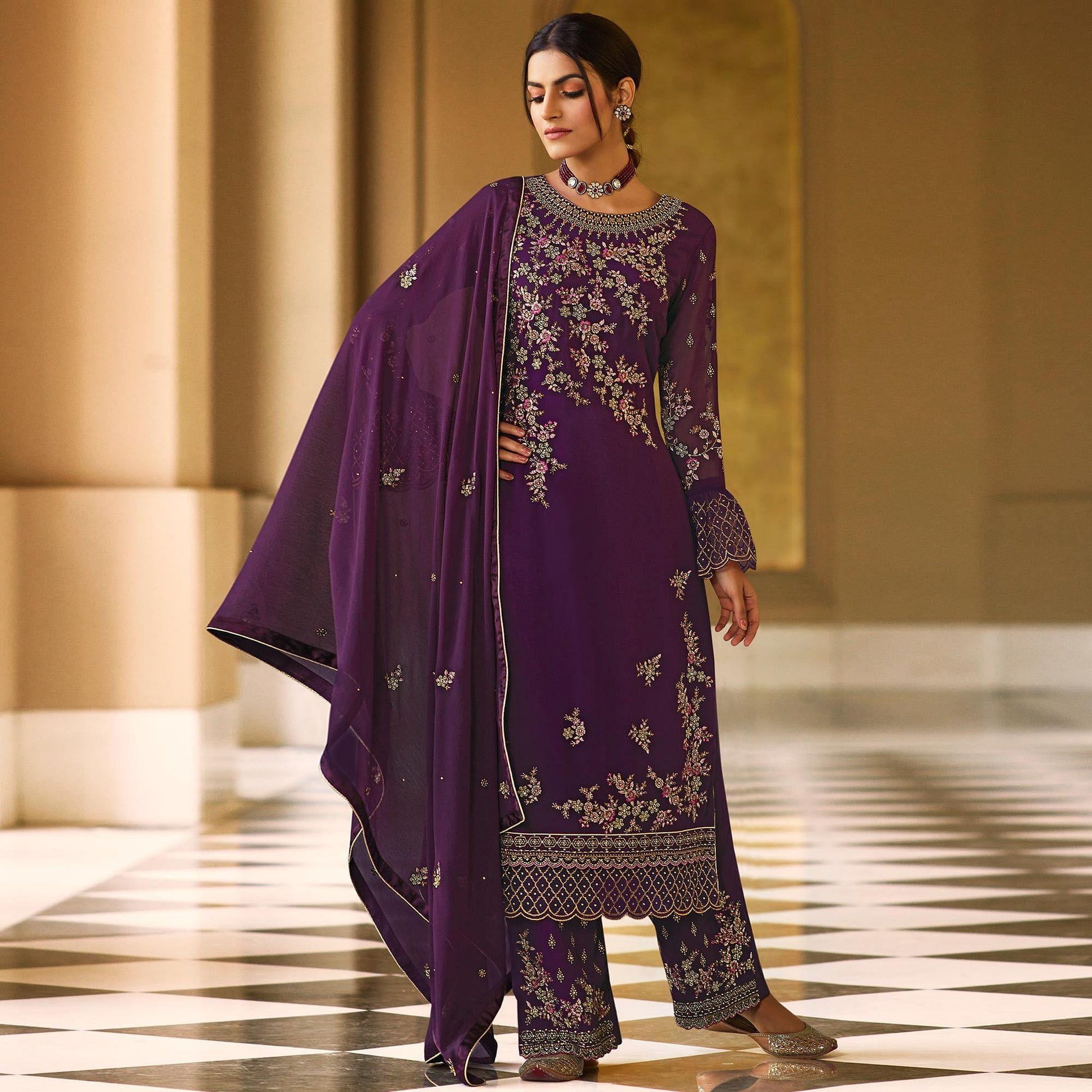 Entrancing Purple Coloured Partywear Embroidered Pure Georgette Palazzo Suit