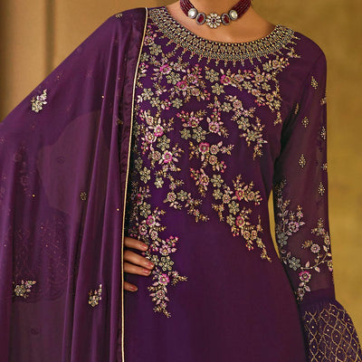 Entrancing Purple Coloured Partywear Embroidered Pure Georgette Palazzo Suit
