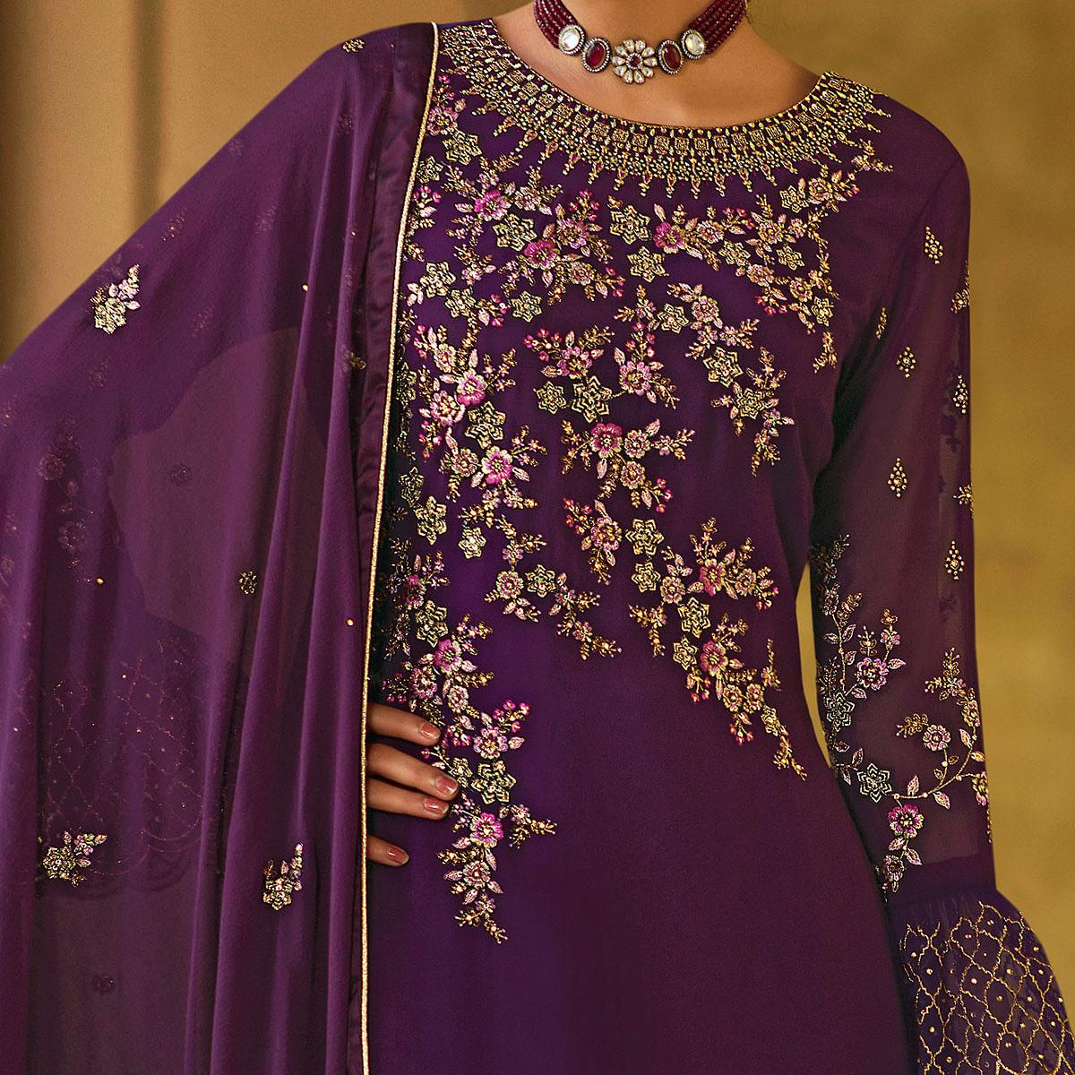 Entrancing Purple Coloured Partywear Embroidered Pure Georgette Palazzo Suit