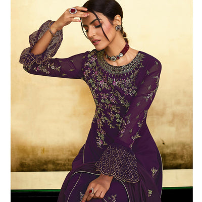 Entrancing Purple Coloured Partywear Embroidered Pure Georgette Palazzo Suit