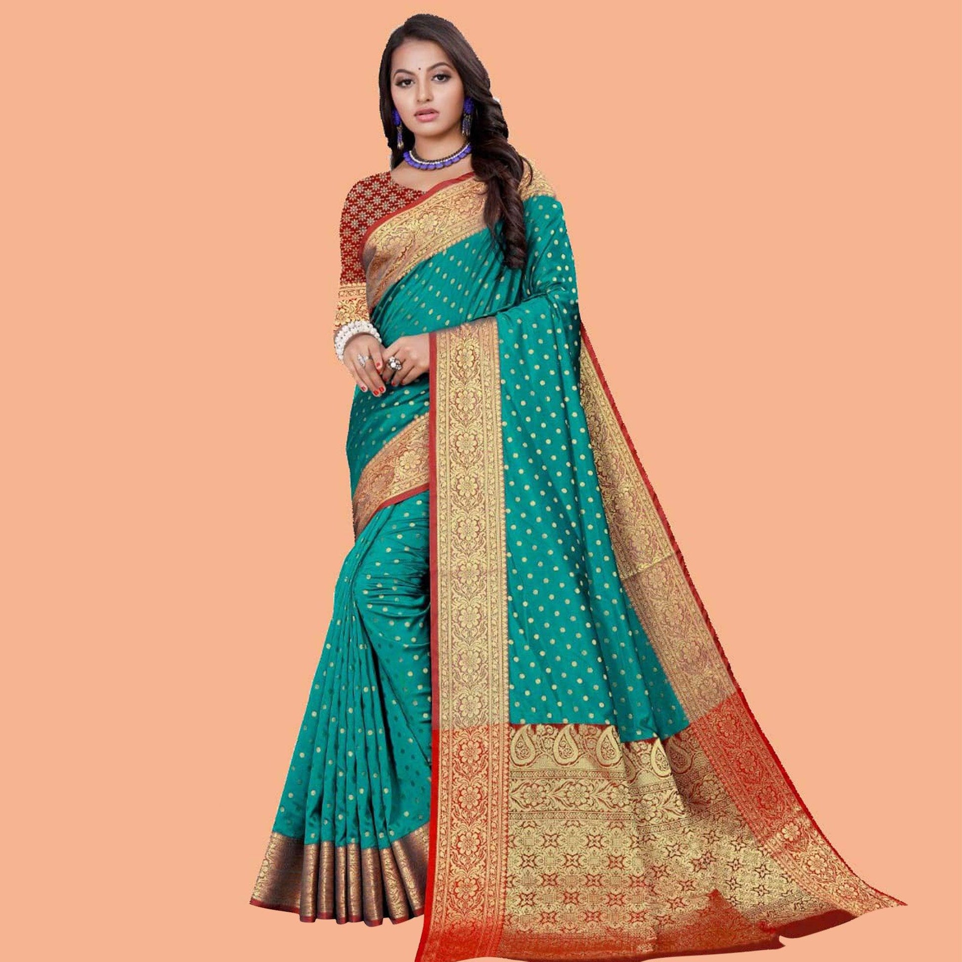 Entrancing Rama Colored Festive Wear Woven Silk Blend Saree