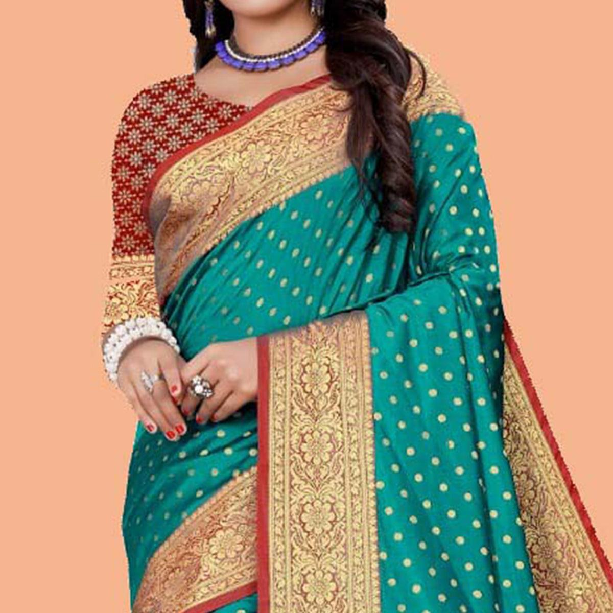 Entrancing Rama Colored Festive Wear Woven Silk Blend Saree