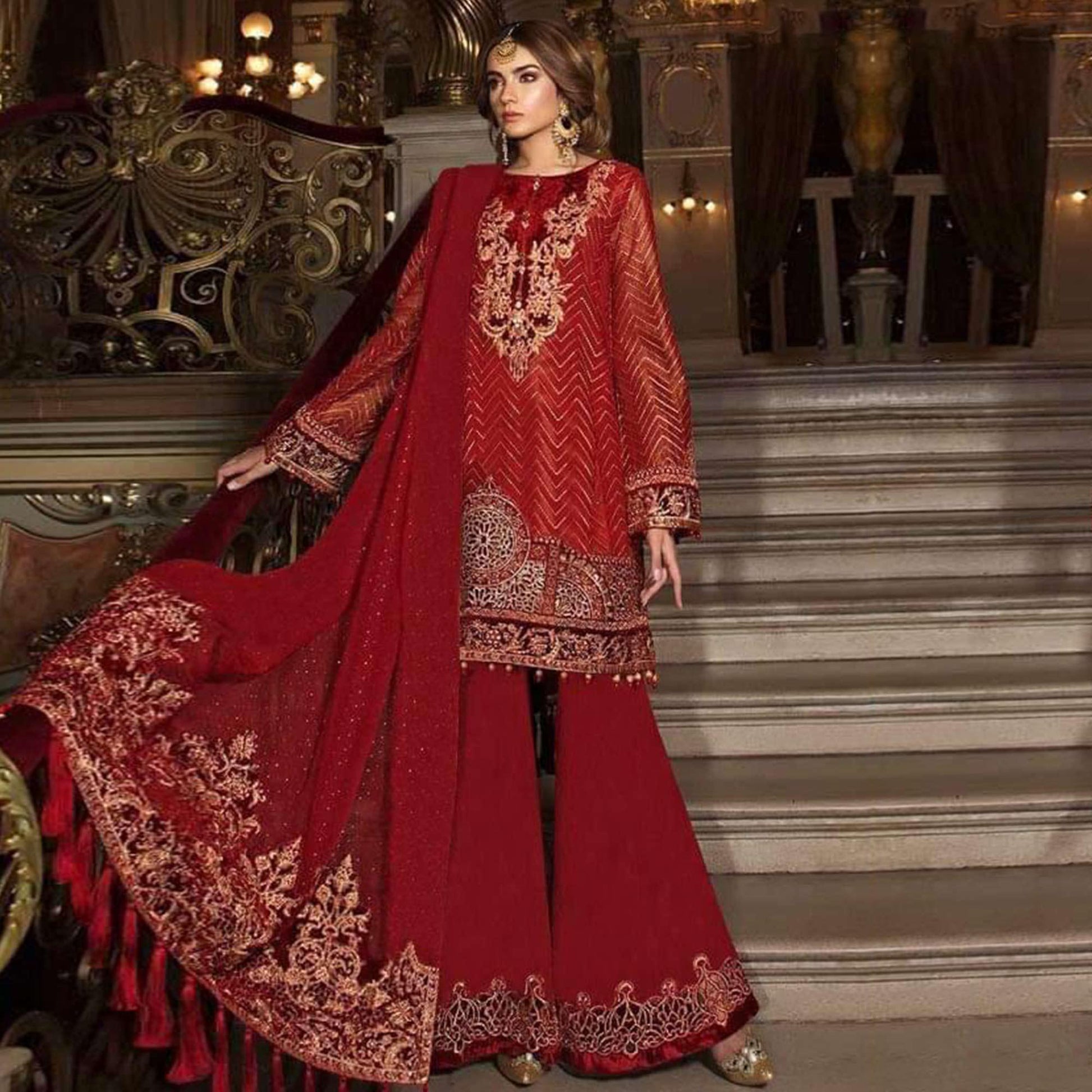 Entrancing Red Colored Partywear Embroidered Organza Palazzo Suit