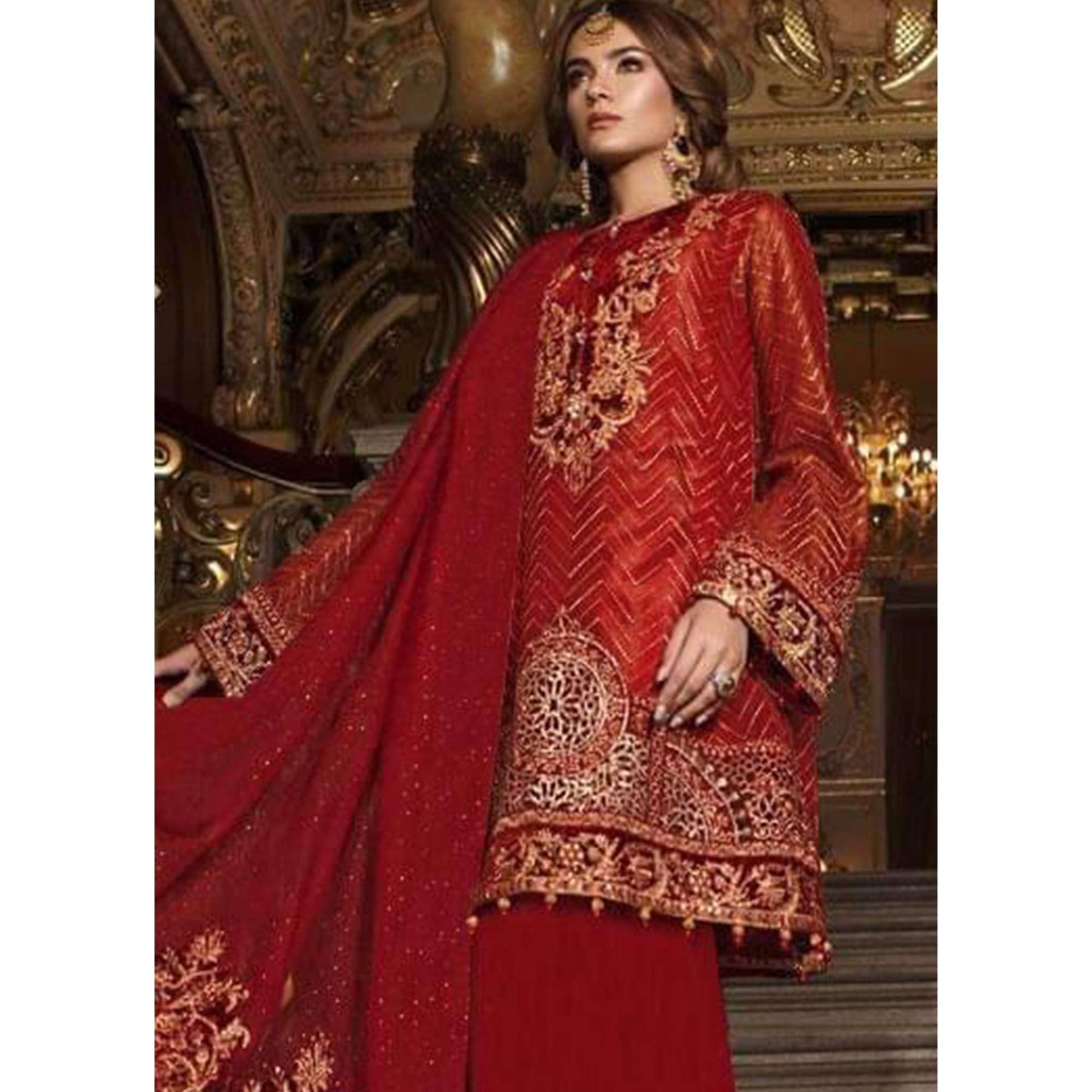 Entrancing Red Colored Partywear Embroidered Organza Palazzo Suit