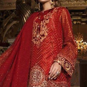 Entrancing Red Colored Partywear Embroidered Organza Palazzo Suit