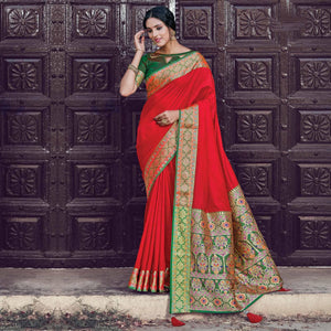 Entrancing Red Coloured Partywear Woven Silk Saree
