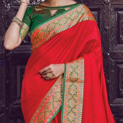 Entrancing Red Coloured Partywear Woven Silk Saree