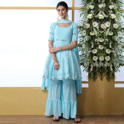 Entrancing Sky Blue Colored Party Wear Embroidered Georgette Palazzo Suit