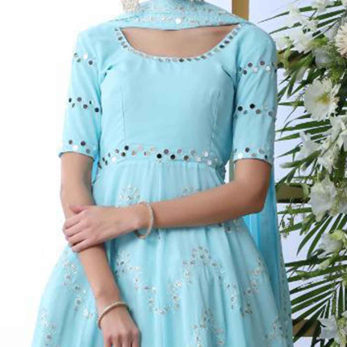 Entrancing Sky Blue Colored Party Wear Embroidered Georgette Palazzo Suit