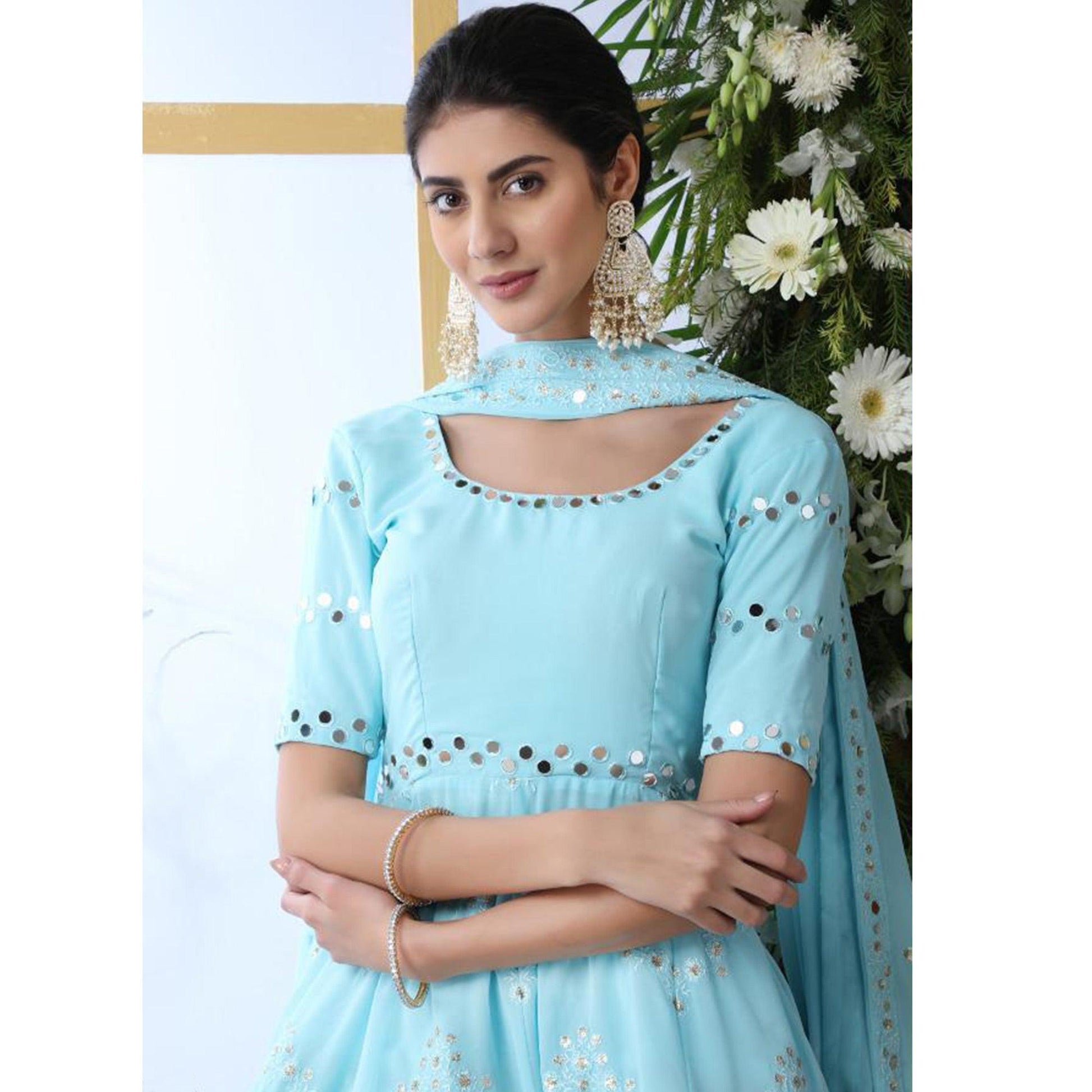 Entrancing Sky Blue Colored Party Wear Embroidered Georgette Palazzo Suit