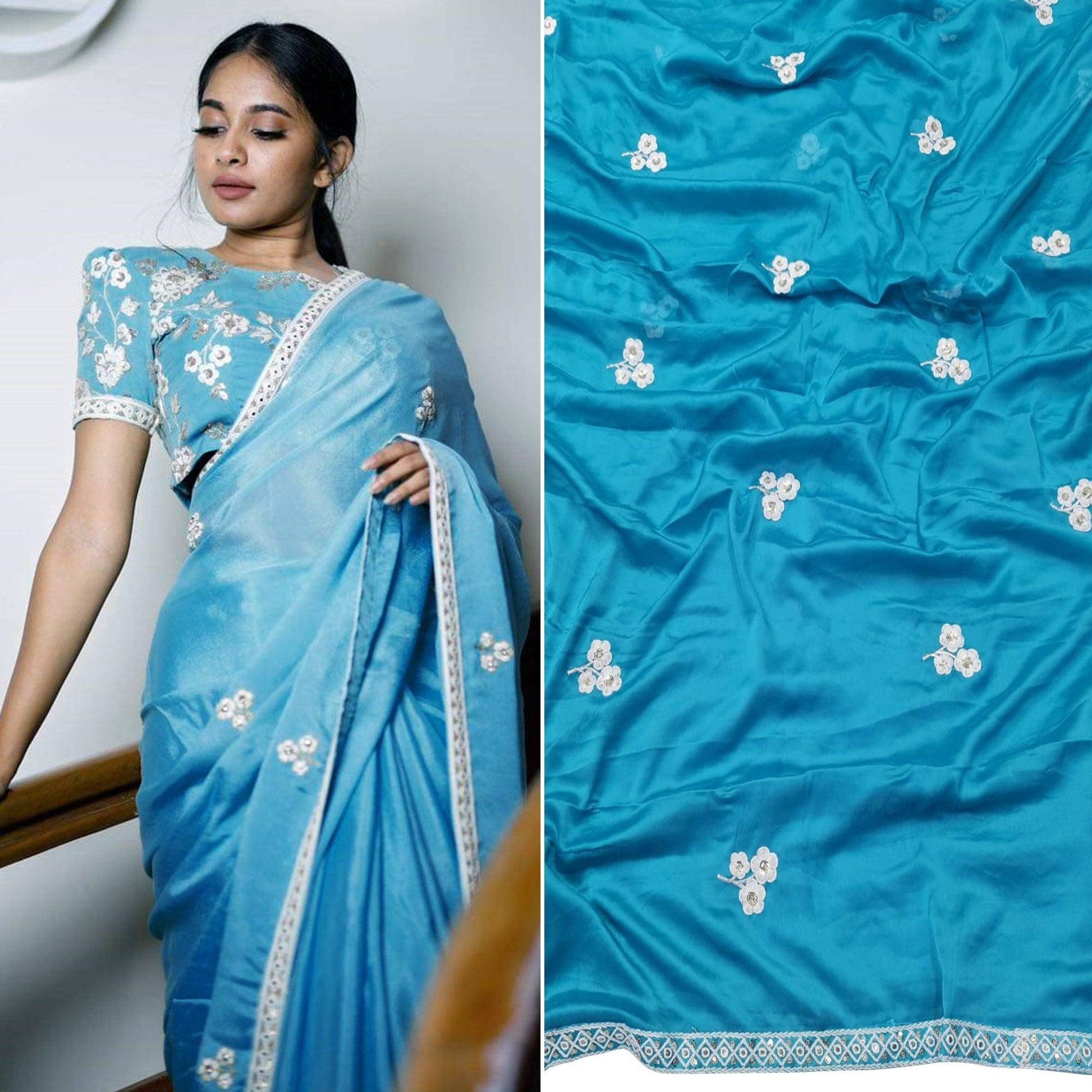 Entrancing Sky Blue Colored Partywear Embroidered Pure Heavy Rangoli Saree