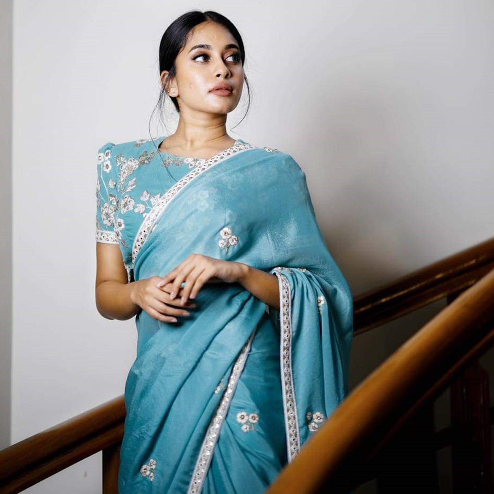 Entrancing Sky Blue Colored Partywear Embroidered Pure Heavy Rangoli Saree
