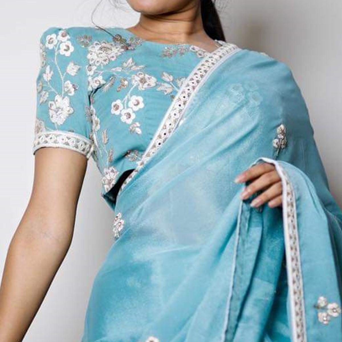 Entrancing Sky Blue Colored Partywear Embroidered Pure Heavy Rangoli Saree