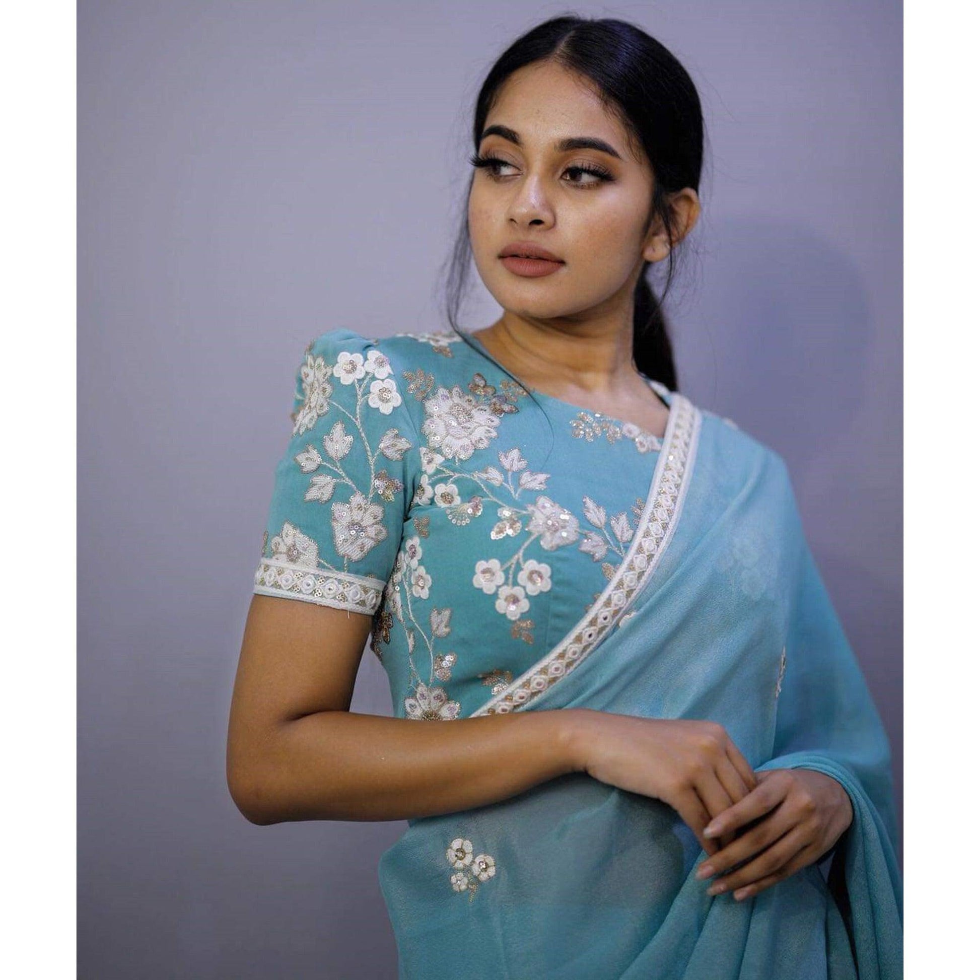 Entrancing Sky Blue Colored Partywear Embroidered Pure Heavy Rangoli Saree