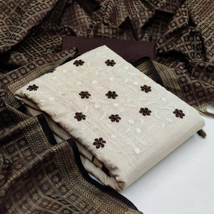 Entrancing White - Coffee Brown Colored Casual Wear Embroidered Cotton Blend Dress Material