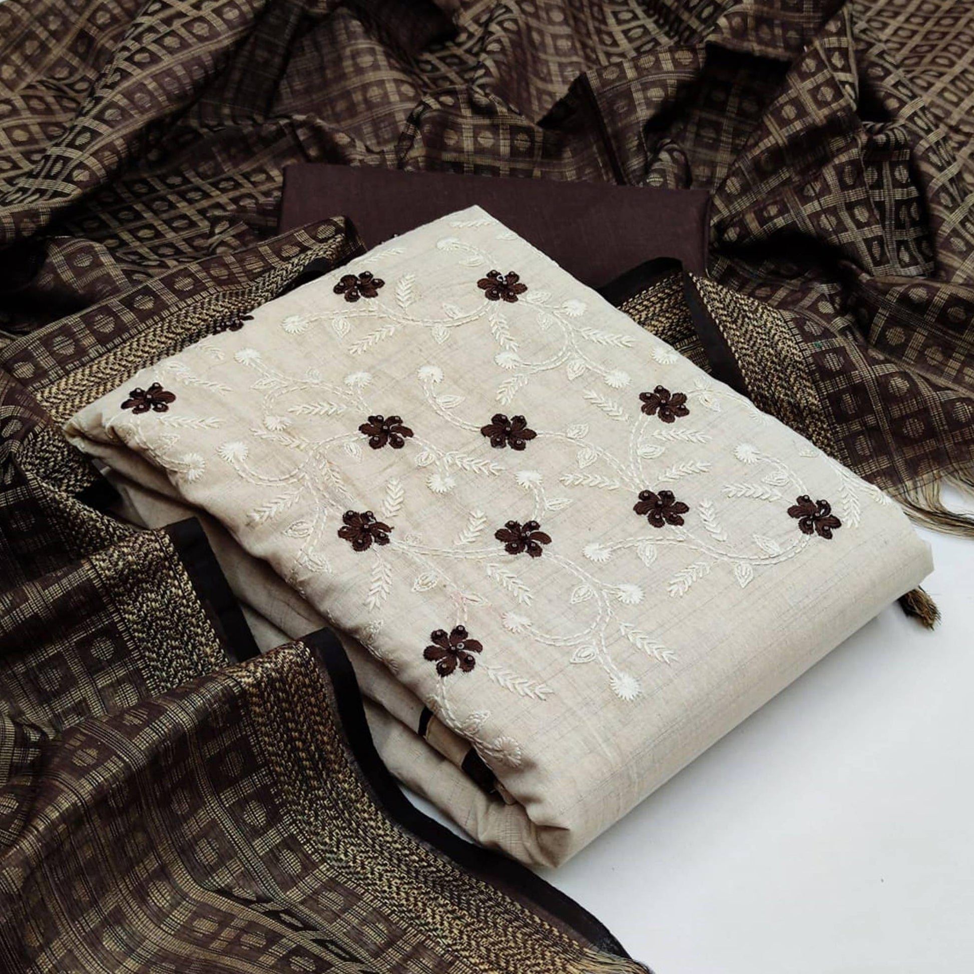 Entrancing White - Coffee Brown Colored Casual Wear Embroidered Cotton Blend Dress Material