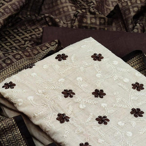 Entrancing White - Coffee Brown Colored Casual Wear Embroidered Cotton Blend Dress Material