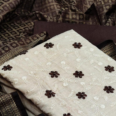 Entrancing White - Coffee Brown Colored Casual Wear Embroidered Cotton Blend Dress Material