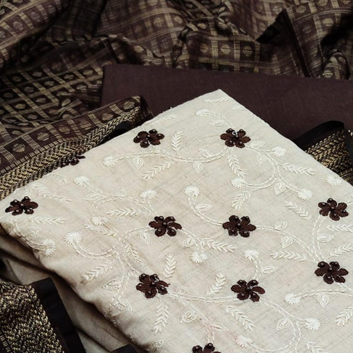 Entrancing White - Coffee Brown Colored Casual Wear Embroidered Cotton Blend Dress Material