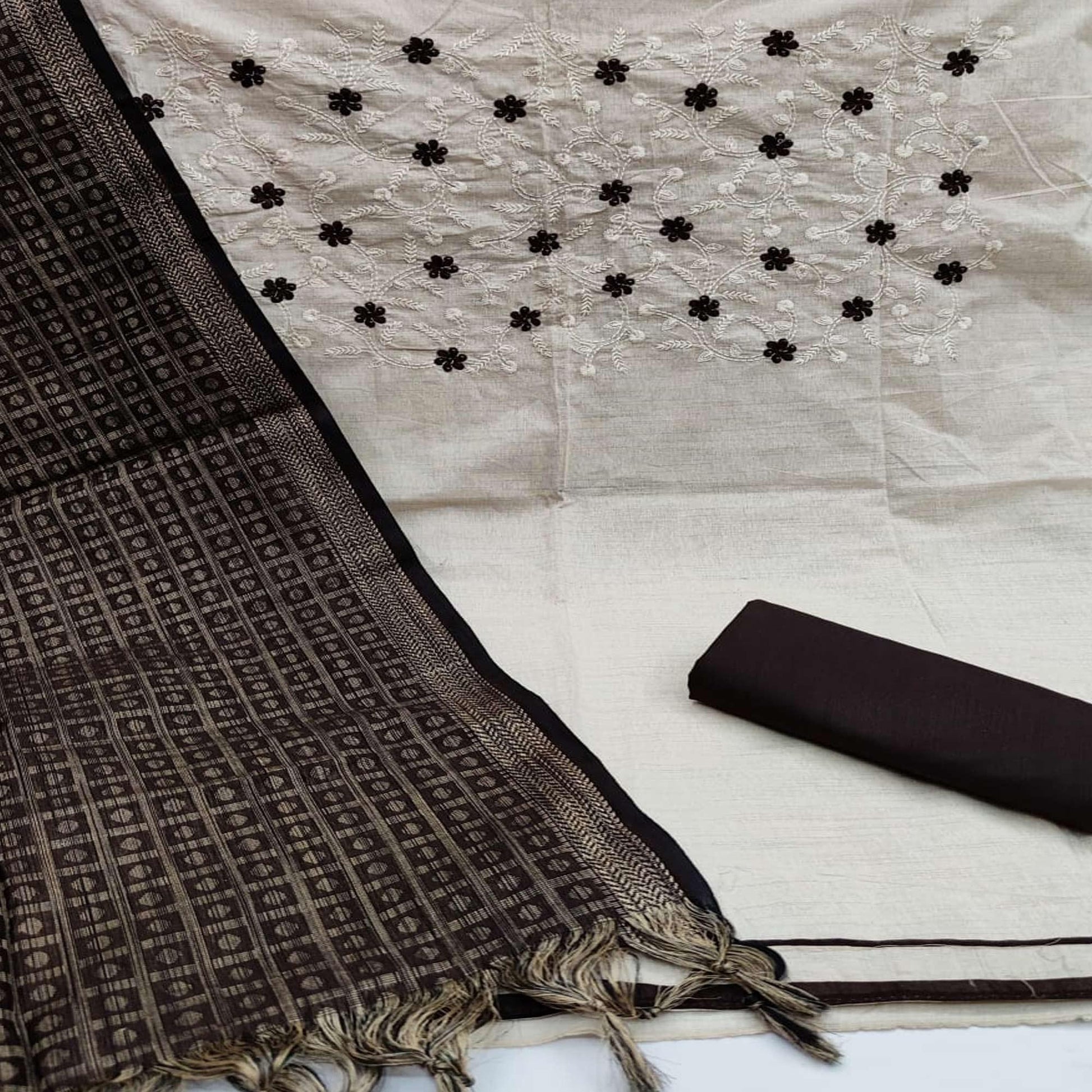 Entrancing White - Coffee Brown Colored Casual Wear Embroidered Cotton Blend Dress Material