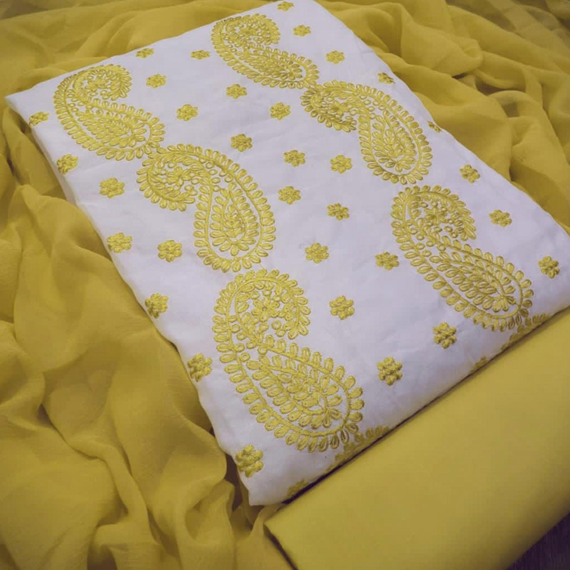 Entrancing White - Yellow Colored Casual Wear Embroidered Modal Chanderi Dress Material
