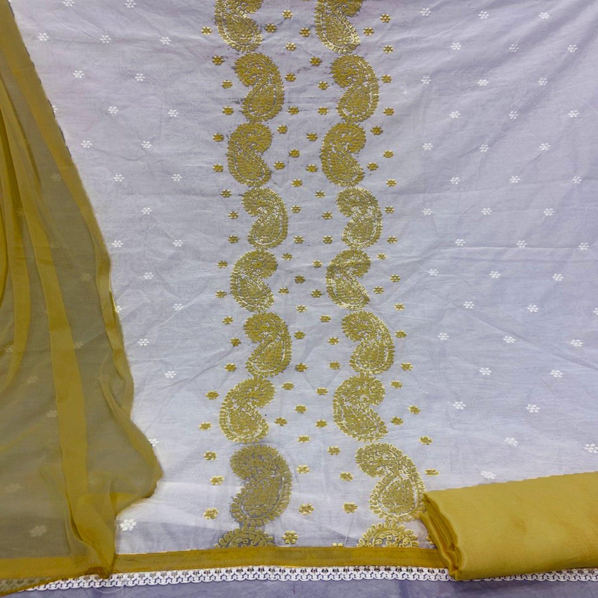 Entrancing White - Yellow Colored Casual Wear Embroidered Modal Chanderi Dress Material