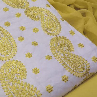 Entrancing White - Yellow Colored Casual Wear Embroidered Modal Chanderi Dress Material