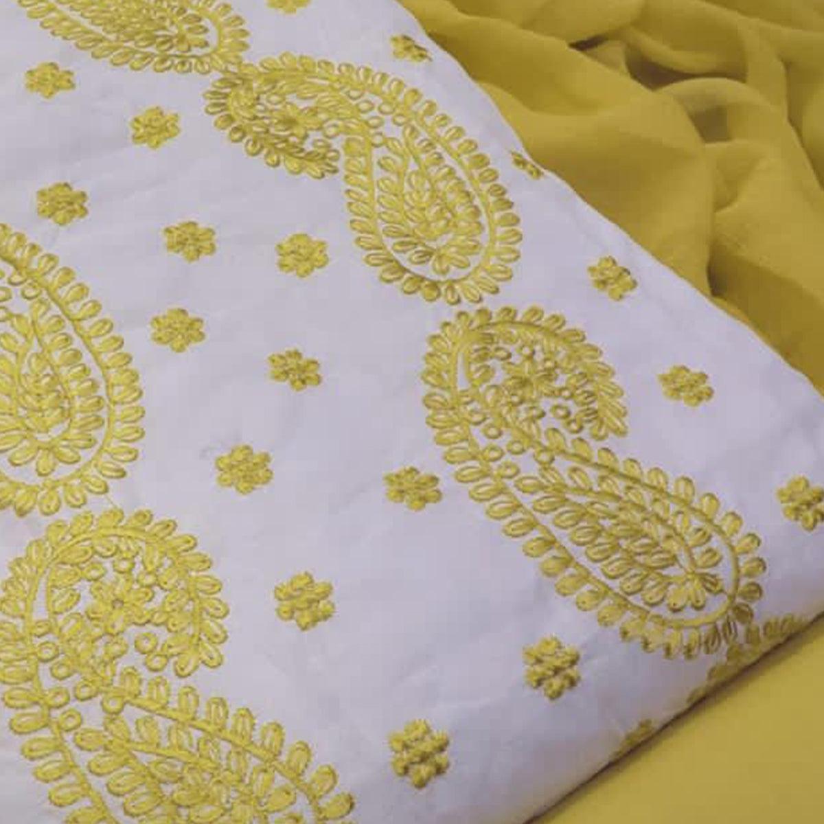 Entrancing White - Yellow Colored Casual Wear Embroidered Modal Chanderi Dress Material